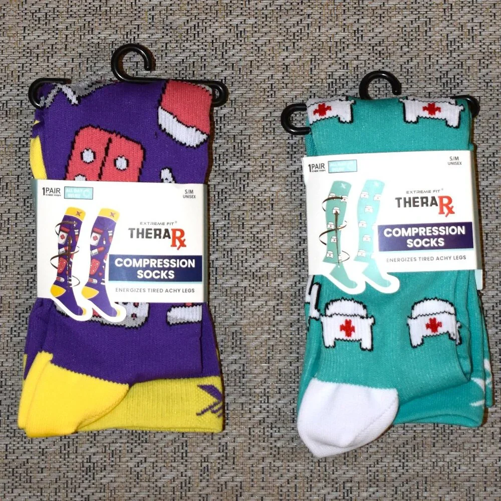 Extreme Fit TheraRx Compression Socks Unisex S/M Multi New 2 Pair Medical Nurse